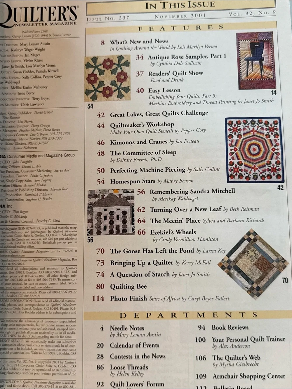 Quilter's‎ Newsletter Magazine Vintage Nov 2001